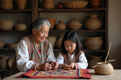 Grand-mère et fille tissant des bandes colorées ensemble