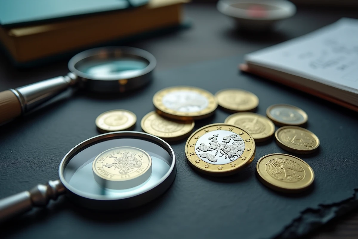 Gros plan sur des pièces de 2 euros rares disposées sur une ardoise sombre avec une loupe de collectionneur