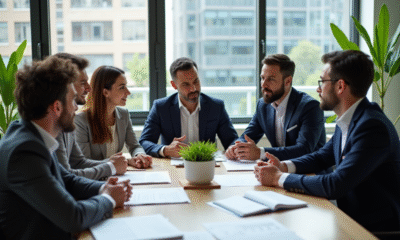 Groupe de personnes discutant d'investissements éthiques dans un bureau lumineux