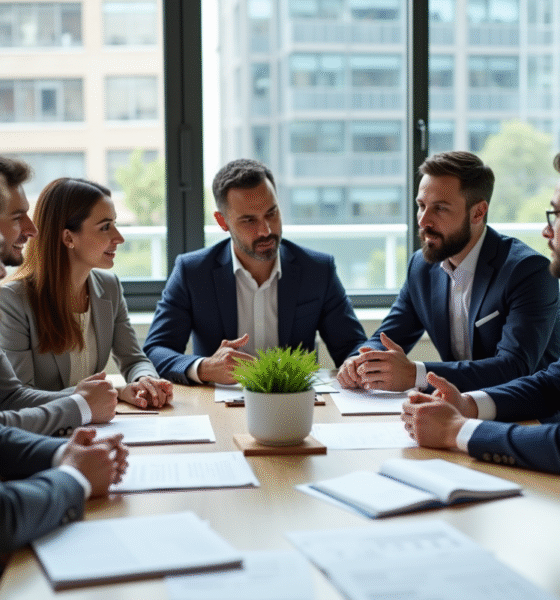 Groupe de personnes discutant d'investissements éthiques dans un bureau lumineux