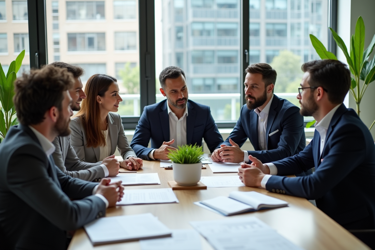 Groupe de personnes discutant d'investissements éthiques dans un bureau lumineux
