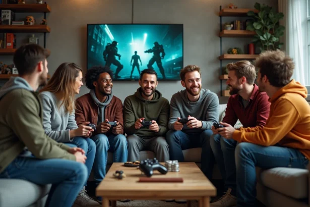Jeunes adultes autour d'une table de jeu dans un loft moderne