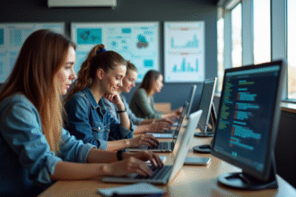 Groupe de jeunes en classe moderne travaillant sur des ordinateurs