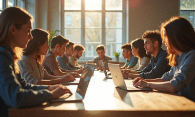 Groupe de jeunes adultes travaillant sur des ordinateurs