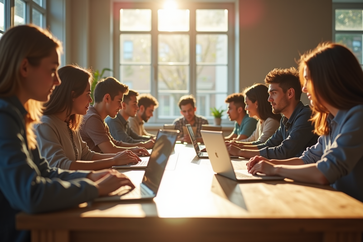 Groupe de jeunes adultes travaillant sur des ordinateurs
