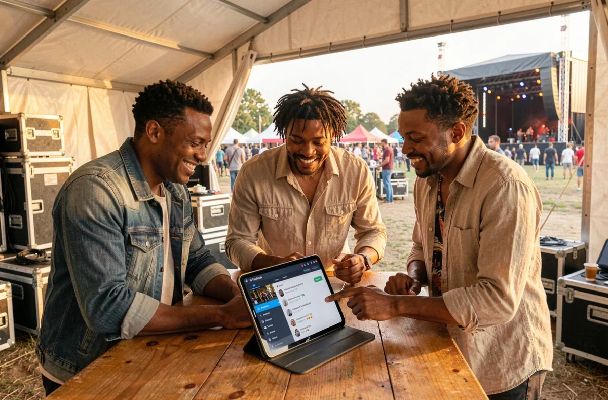 Groupe de musiciens reggae analysant leurs statistiques de réseaux sociaux en coulisses d'un festival