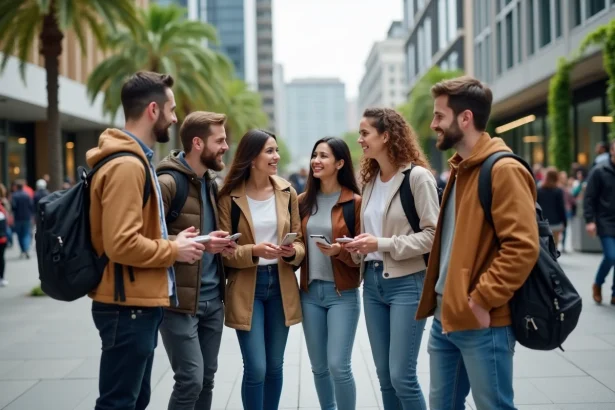 Groupe divers d'adultes en ville en discussion