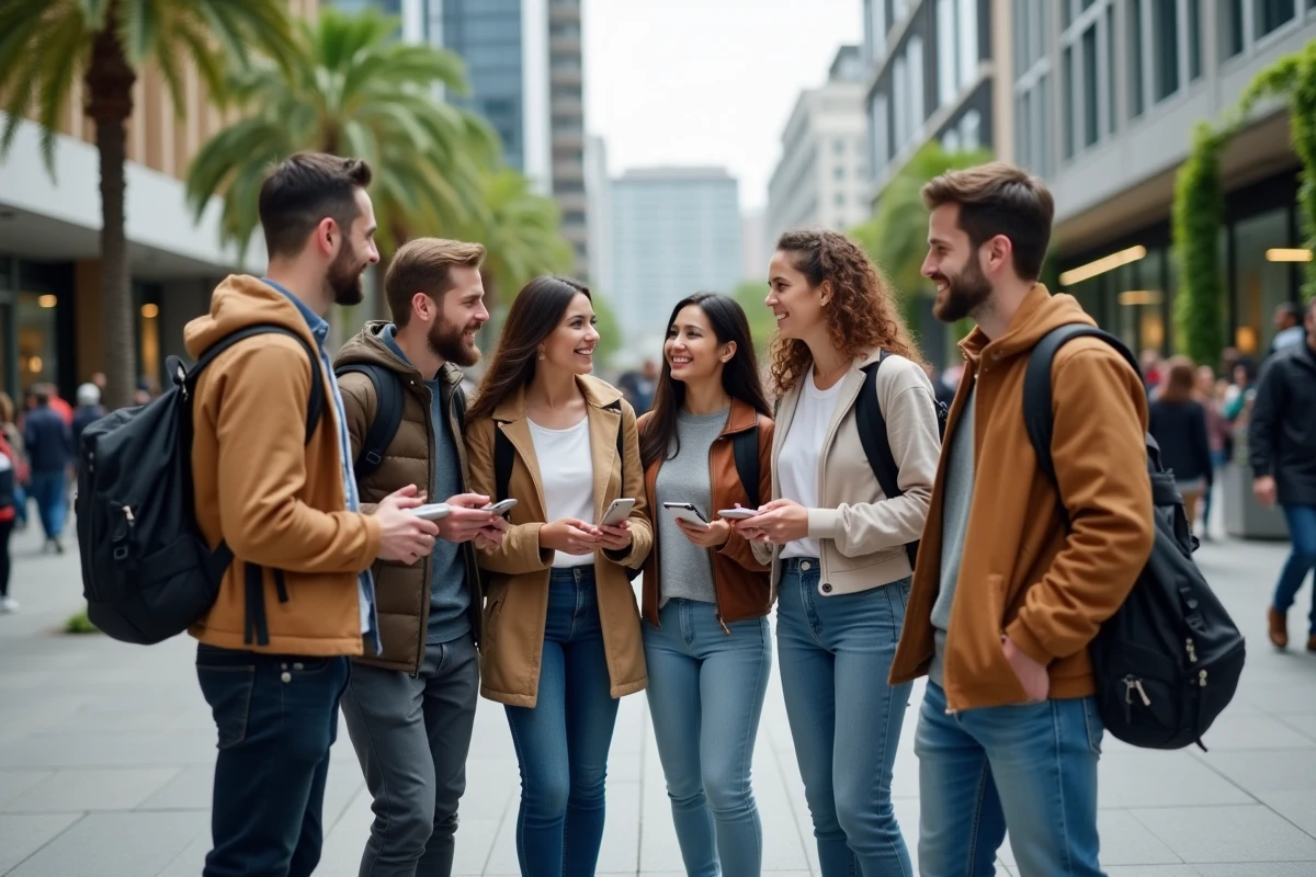 Groupe divers d'adultes en ville en discussion