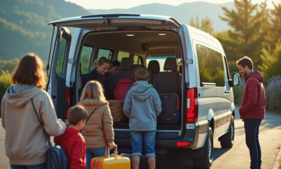 Groupe diversifié chargant le coffre d'un van en plein jour