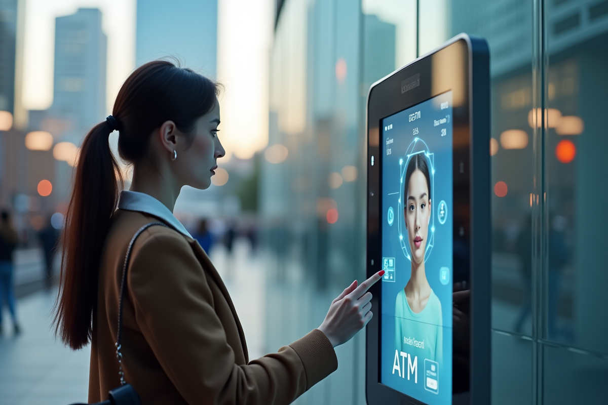 Jeune femme utilisant la reconnaissance faciale à un distributeur intelligent en ville