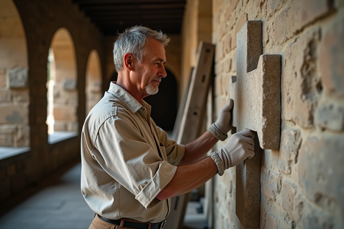 Historien en gants blancs examinant une Croix de Lorraine sculptée dans la pierre d'une église romane médiévale