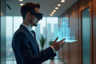 Jeune homme d'affaires en AR avec schéma 3D en bureau moderne