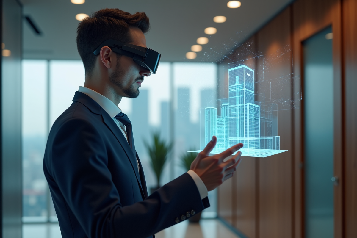 Jeune homme d'affaires en AR avec schéma 3D en bureau moderne