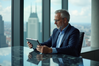Homme d'affaires confiant dans un bureau moderne avec vue urbaine