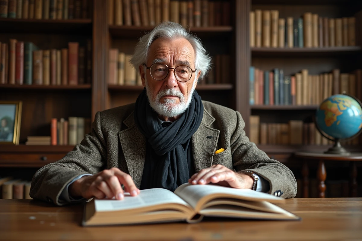Homme âgé feuilletant un dictionnaire français dans sa bibliothèque