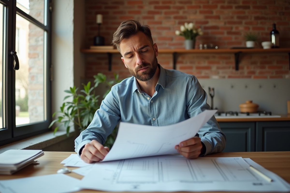 Homme en tenue décontractée examinant des plans dans un appartement rénové