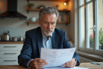 Homme d'âge moyen examinant des factures dans une cuisine moderne