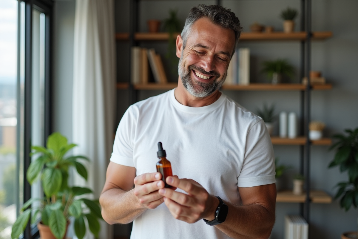 Homme examinant une bouteille de vitamine A