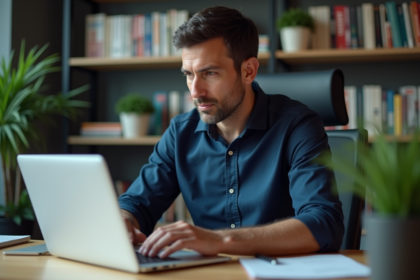 Homme concentré travaillant sur son ordinateur dans un bureau moderne