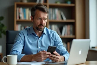 Homme d'âge moyen au bureau avec smartphone et expression préoccupée