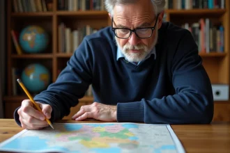 Homme d'âge moyen étudiant la carte des Länder allemands