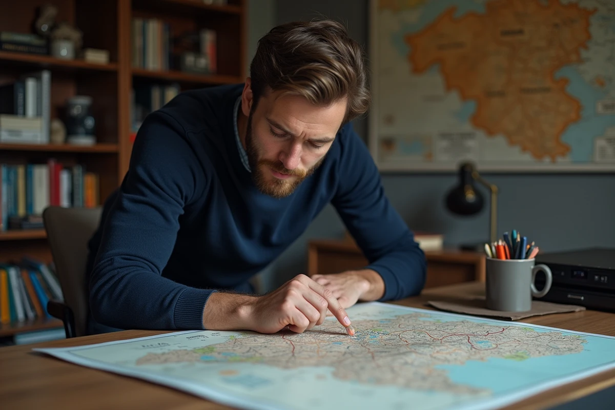 Homme consultant une carte routière de Belgique pour identifier une commune de 3 lettres, dans un bureau avec guides de voyage