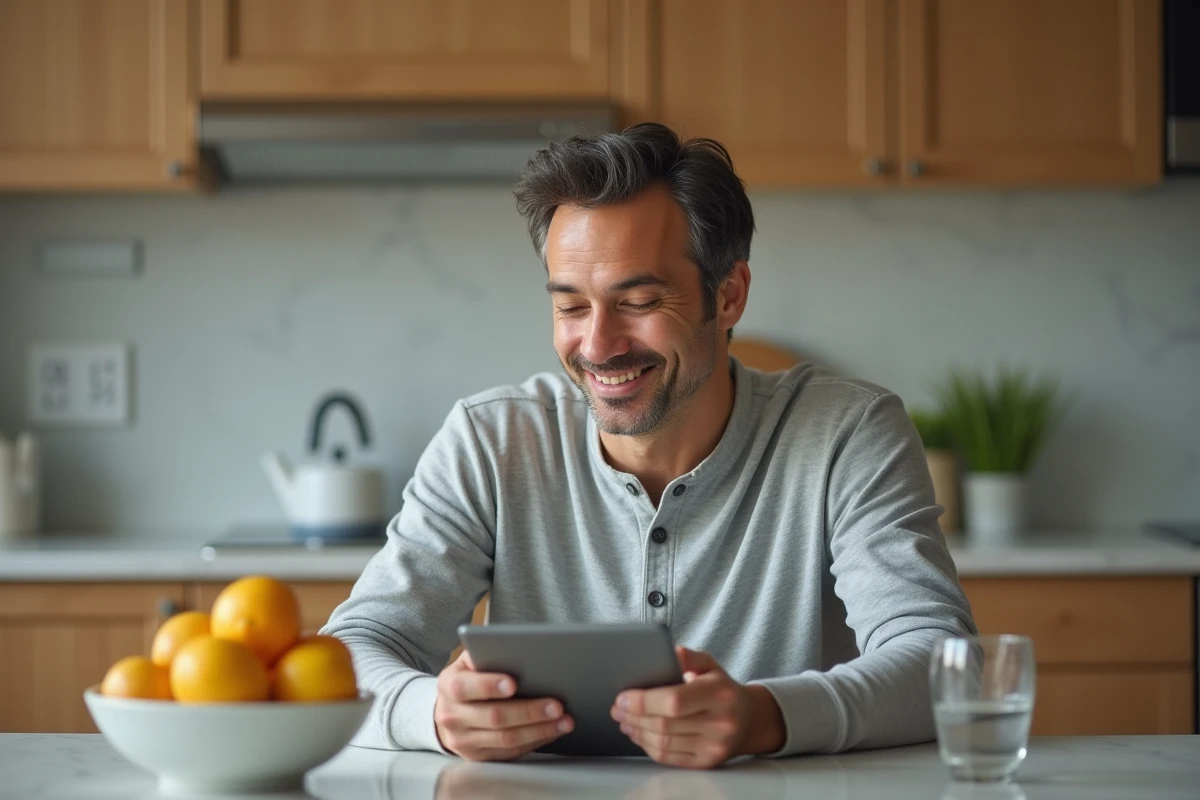 Homme choisissant un gif anniversaire original sur une tablette dans une cuisine moderne