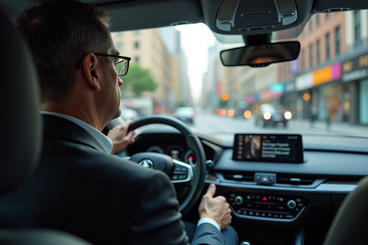 Homme d'affaires détendu dans une voiture moderne en ville