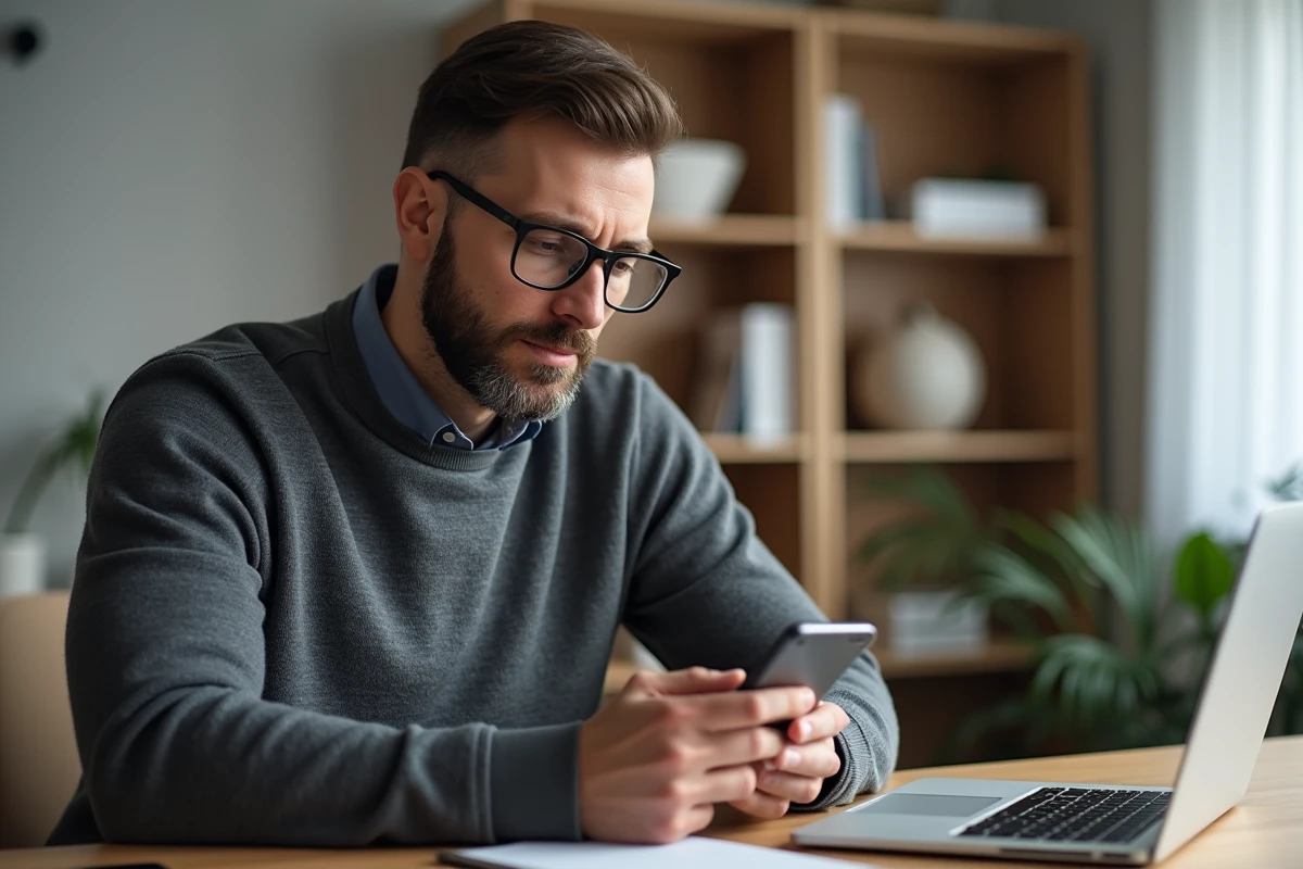 Homme élégant vérifiant la connexion sécurisée d'un site de rencontre sur son téléphone dans un bureau à domicile