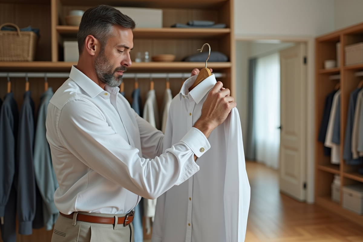 Homme inspectant un chemisier en lin dans un intérieur lumineux