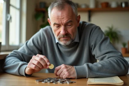 Homme d'âge mûr examinant attentivement une pièce de 2 euros rare à la maison, entouré de monnaies et d'un guide numismatique