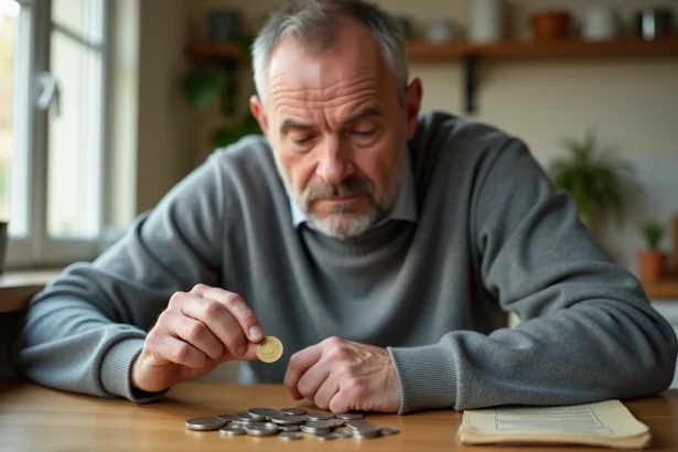 Homme d'âge mûr examinant attentivement une pièce de 2 euros rare à la maison, entouré de monnaies et d'un guide numismatique