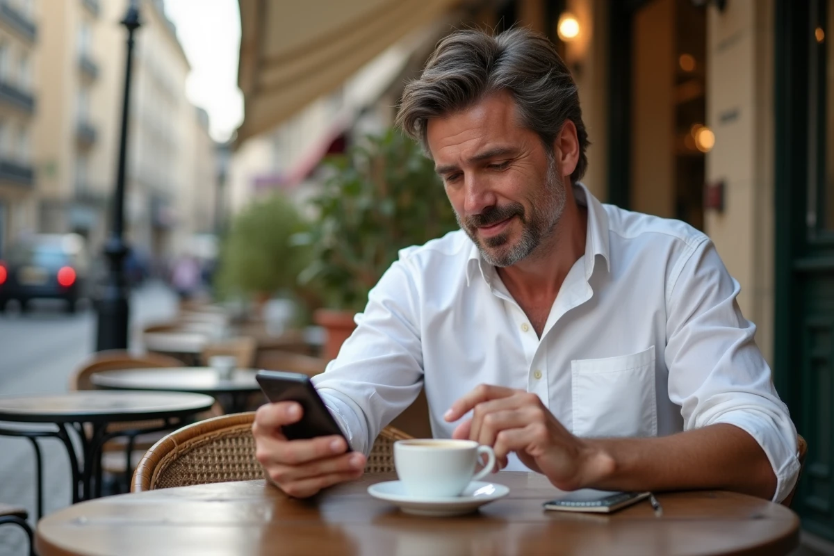 Homme adulte s'exerçant à l'orthographe sur smartphone dans un café parisien en terrasse