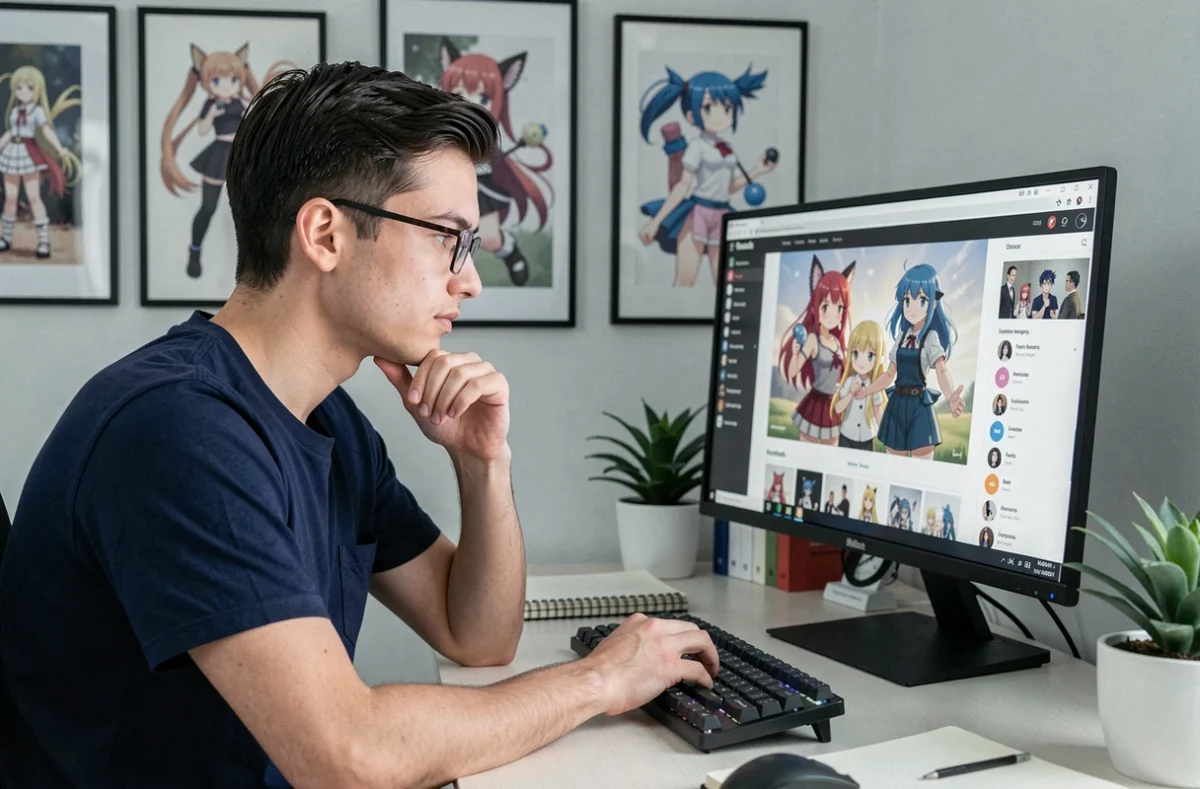 Jeune homme adulte assumant sa passion pour les personnages husbando d'anime devant son ordinateur à domicile