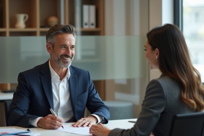 Homme en costume avec conseillère bancaire lors d'une réunion