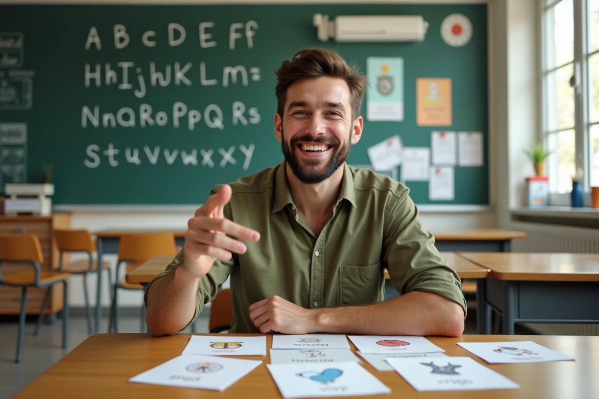 Homme montrant un jeu de cartes alphabet en classe