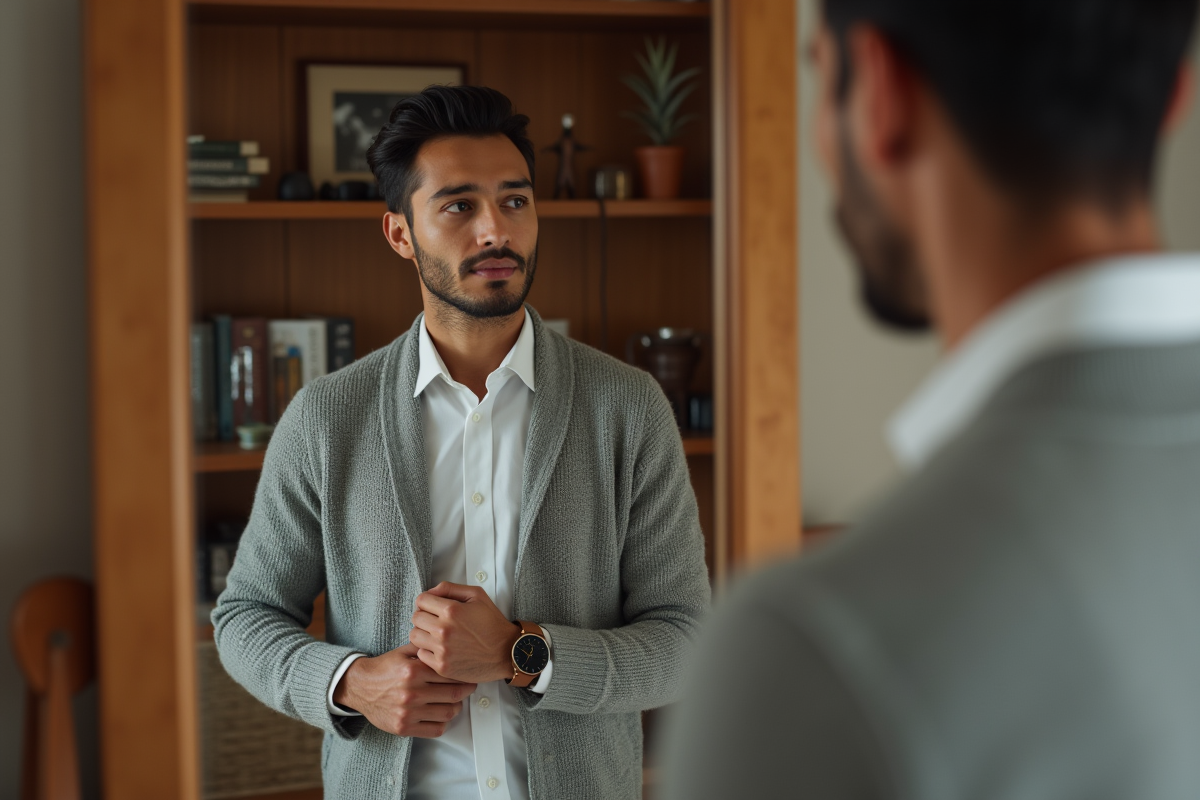 Jeune homme ajustant sa montre dans une chambre chaleureuse
