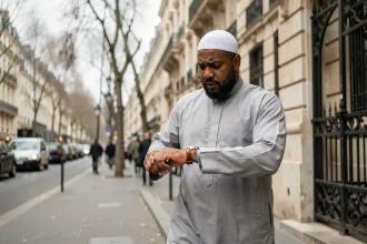 Homme musulman vérifiant sa montre avant la prière en marchant dans une rue de Paris