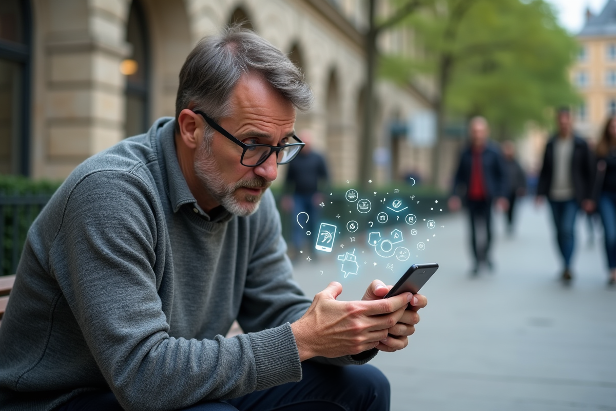 Homme dans un parc urbain regardant son smartphone