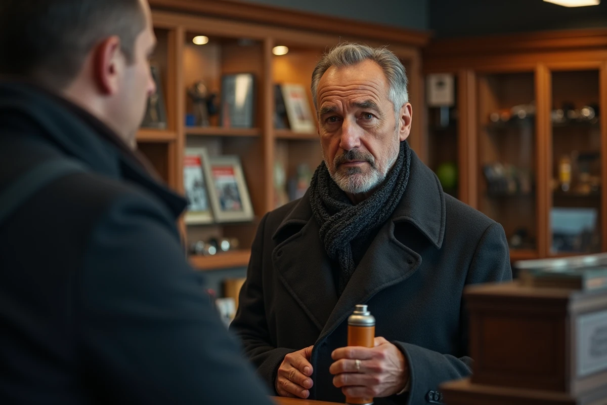 Homme vérifiant un spray de défense dans un magasin d