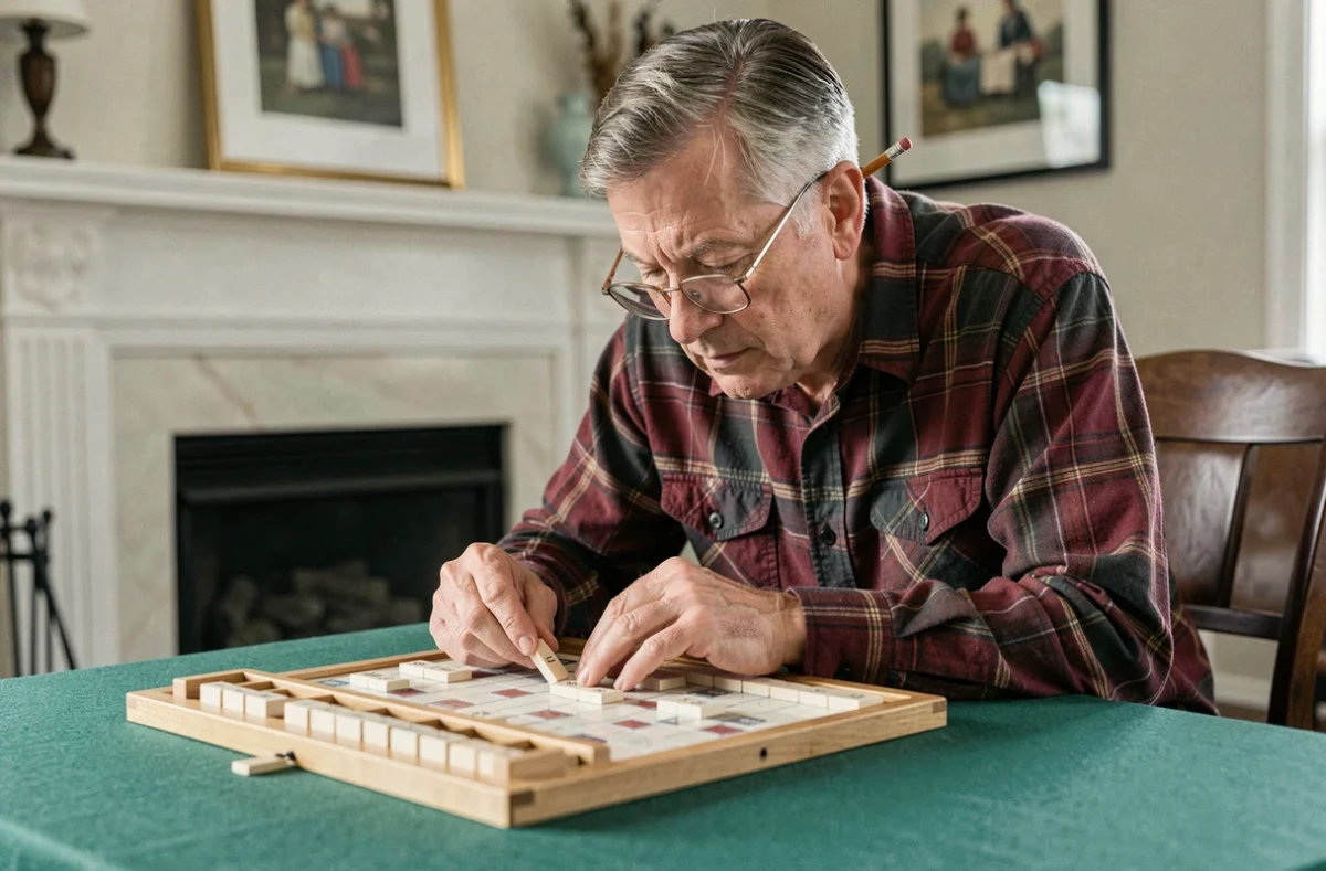 Homme âgé analysant son jeu de lettres sur un plateau de Scrabble dans un salon chaleureux