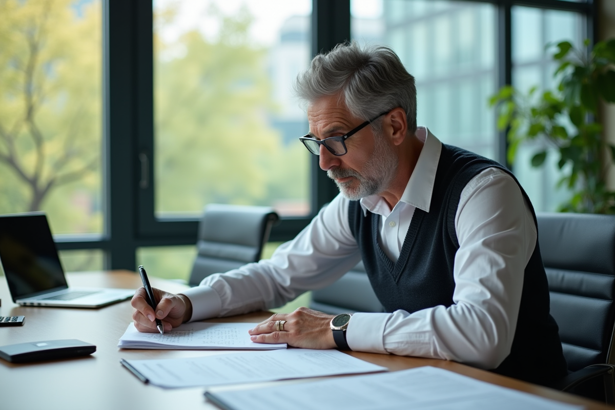Homme prenant des notes sur documents dans un bureau professionnel