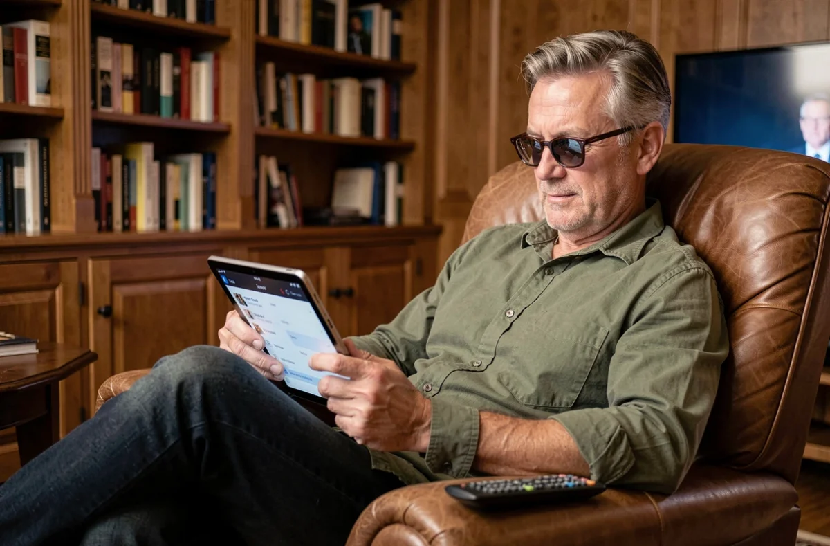 Homme consultant le programme télé du soir sur une tablette dans son salon