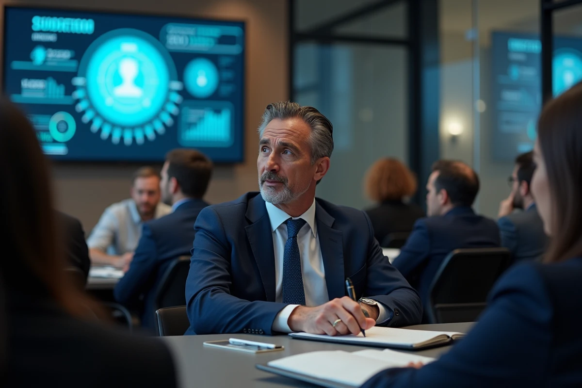 Homme en costume participant à un séminaire de cybersécurité en réunion