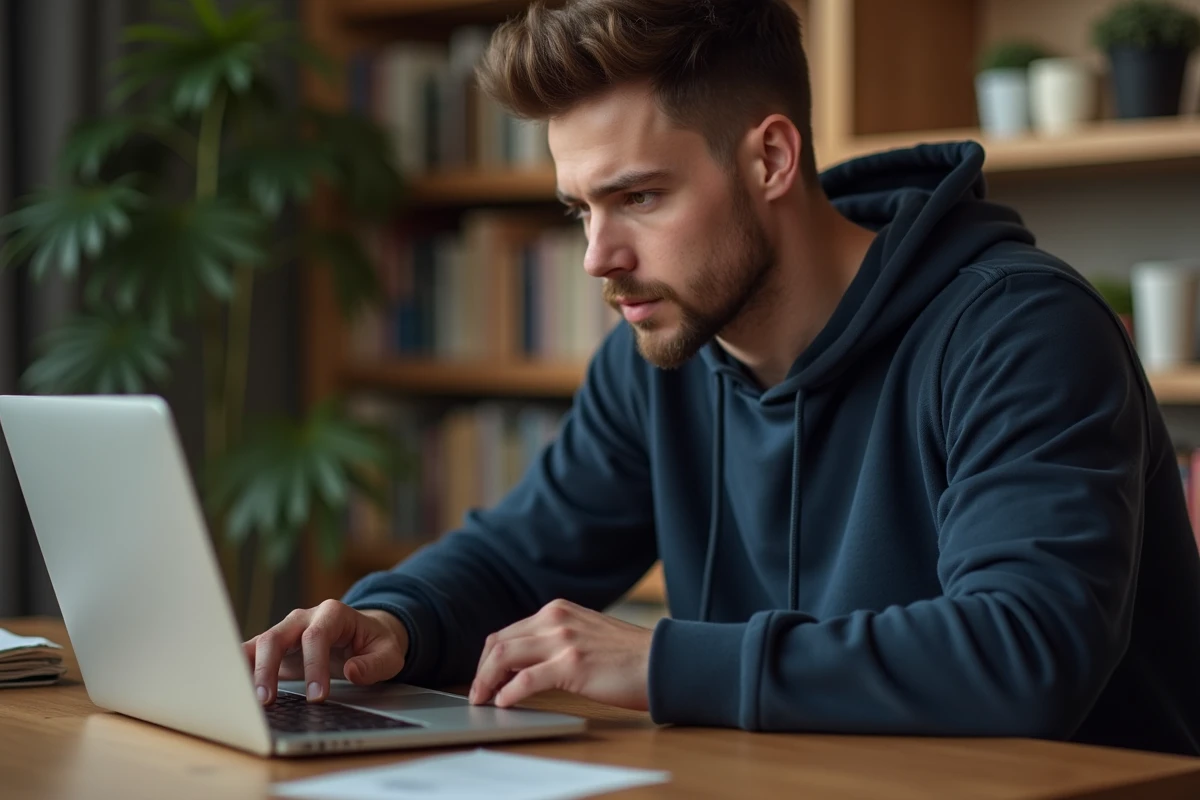 Jeune homme consultant le suivi de colis La Poste sur ordinateur portable pour reprogrammer une livraison