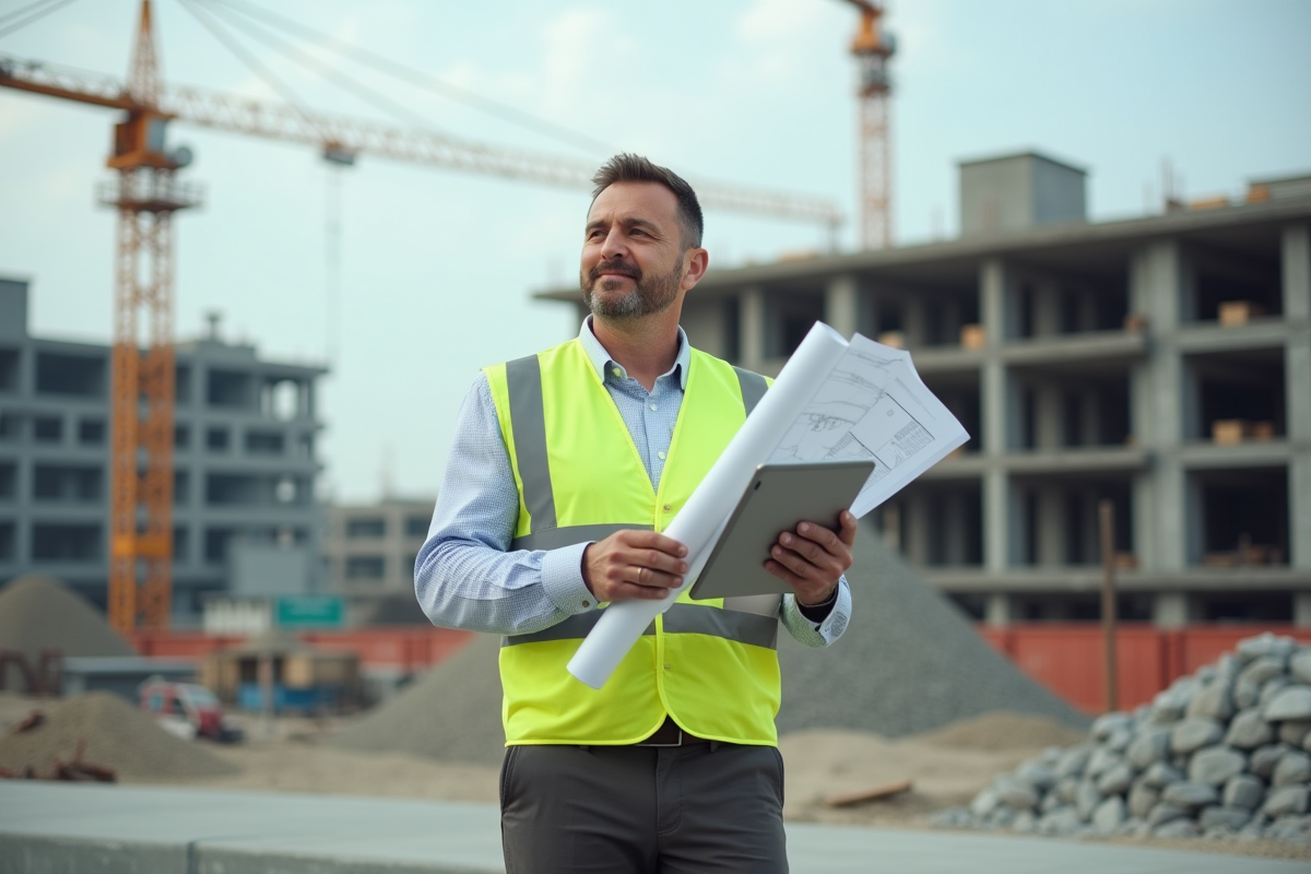 Homme en gilet de sécurité examine un plan sur un site de construction
