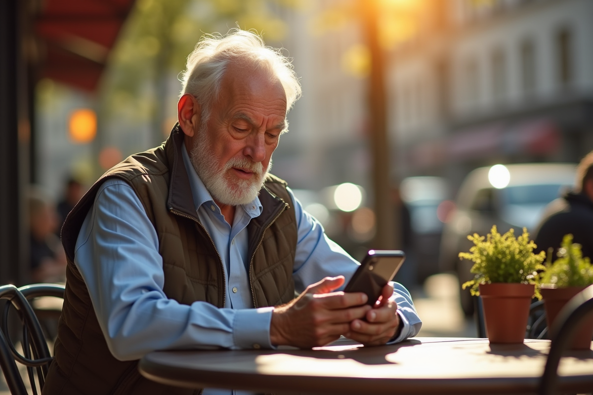 Homme âgé utilisant son smartphone dans un café en plein air en ville