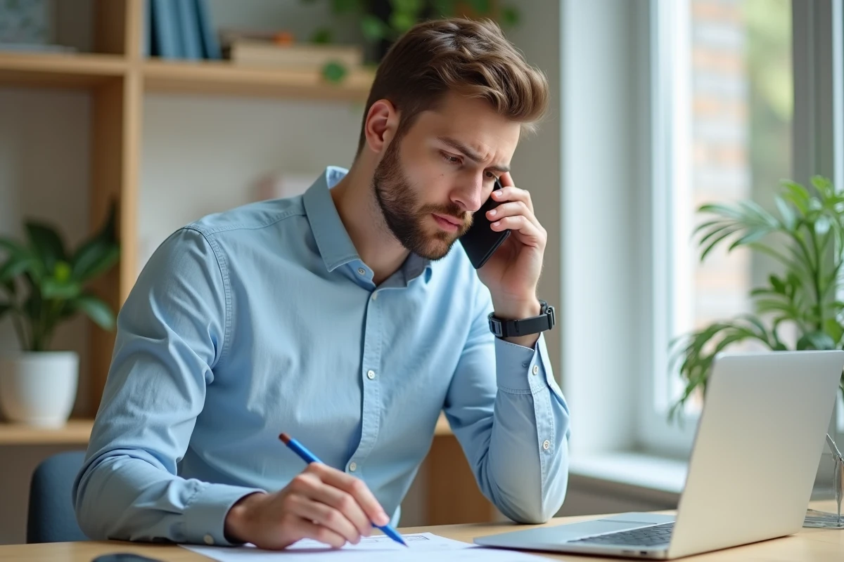 Jeune homme au bureau avec téléphone et facture