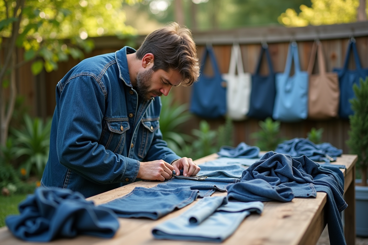 Homme coupant du denim dans un jardin en plein air