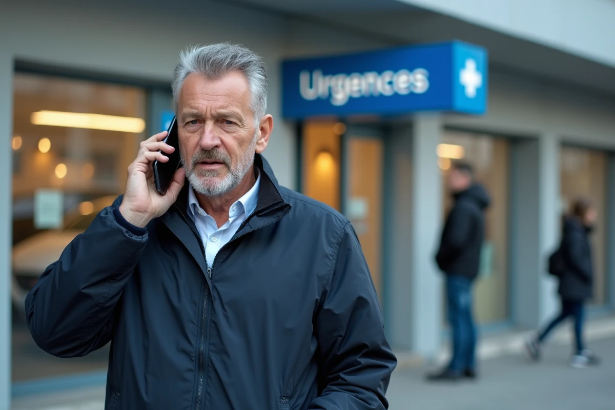 Homme parlant au téléphone devant un centre médical moderne